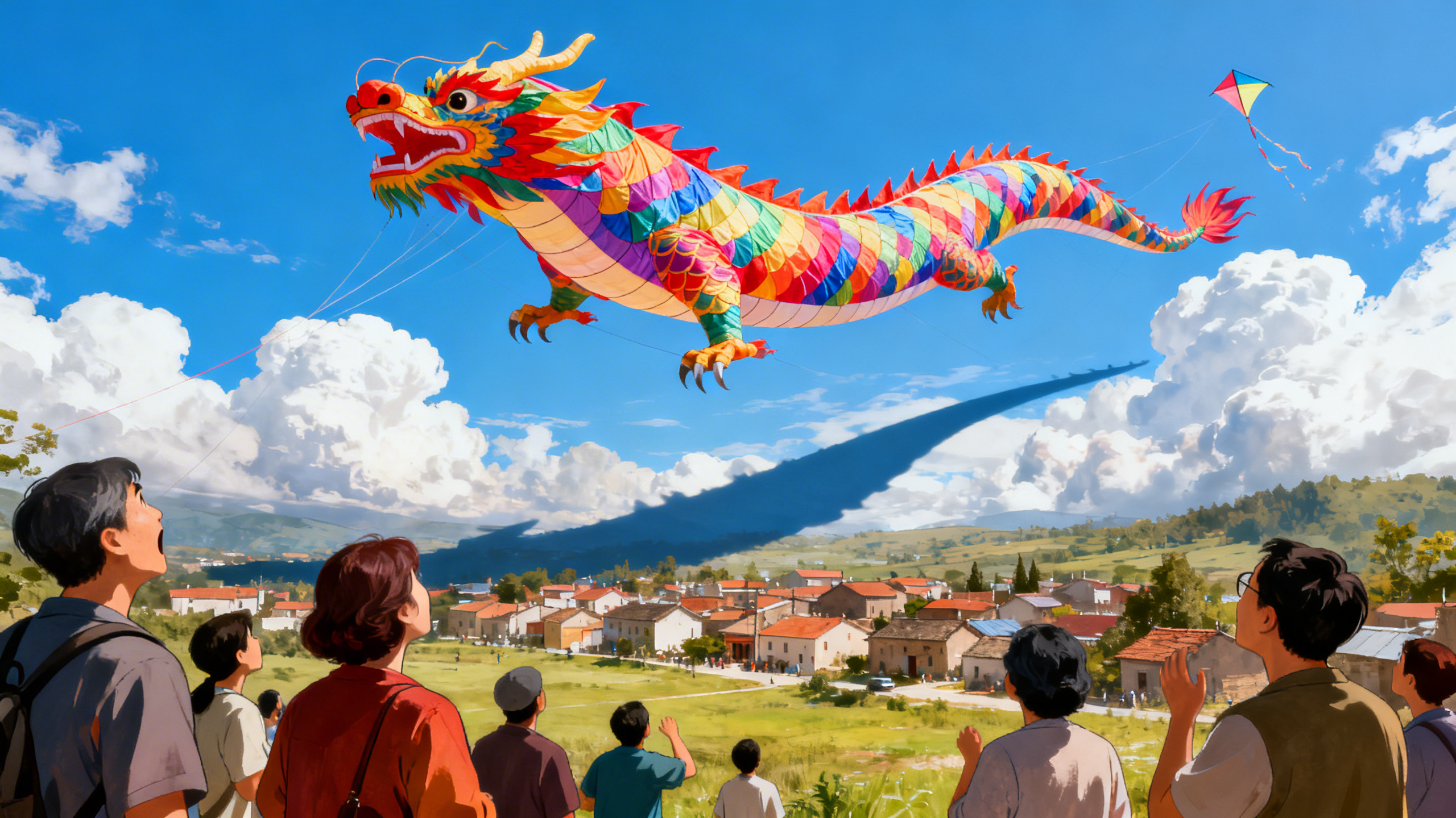 Cerf-volant dragon multicolore au-dessus de village.
