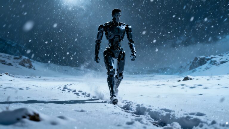 Robot marchant dans la neige sous la neige.