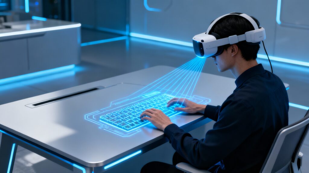 Personne utilisant réalité virtuelle avec clavier holographique.