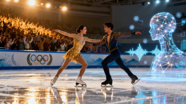 Patineurs artistiques aux Jeux Olympiques avec hologramme.