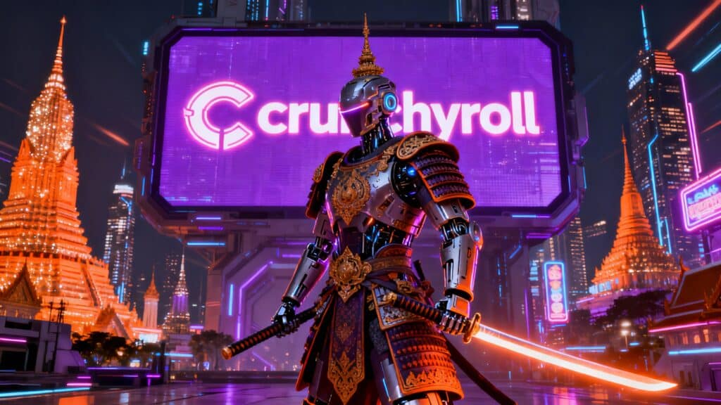 Samouraï robot devant panneau futuriste lumineux