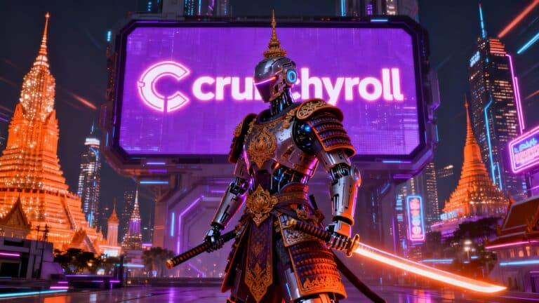 Samouraï robot devant panneau futuriste lumineux