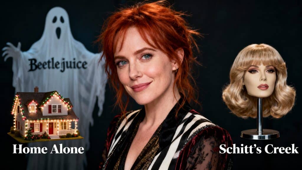 Femme avec fond Beetlejuice, maison, perruque.