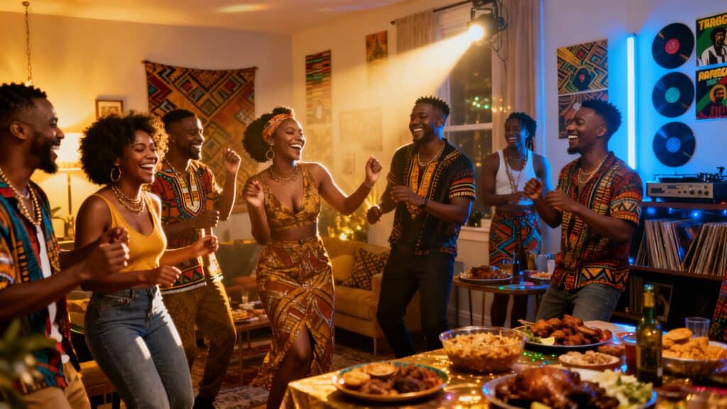 Groupe d'amis dansant lors d'une fête.