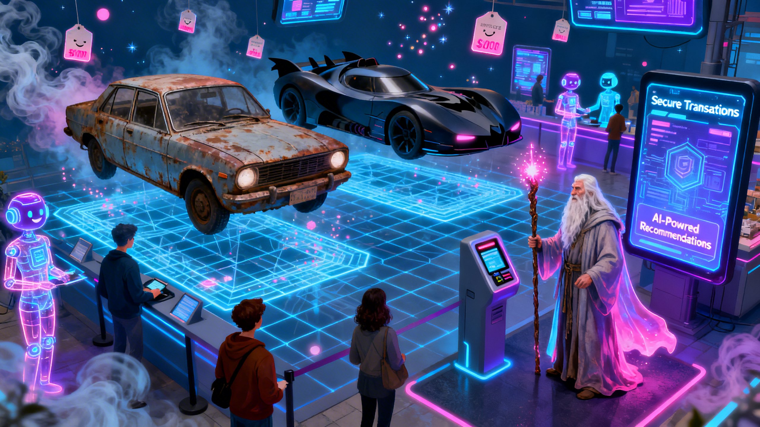 Vieille voiture rouillée et voiture futuriste flottant en magasin.