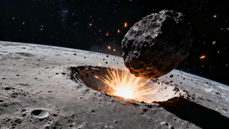 Astéroïde frappant la surface lunaire, explosion visible.