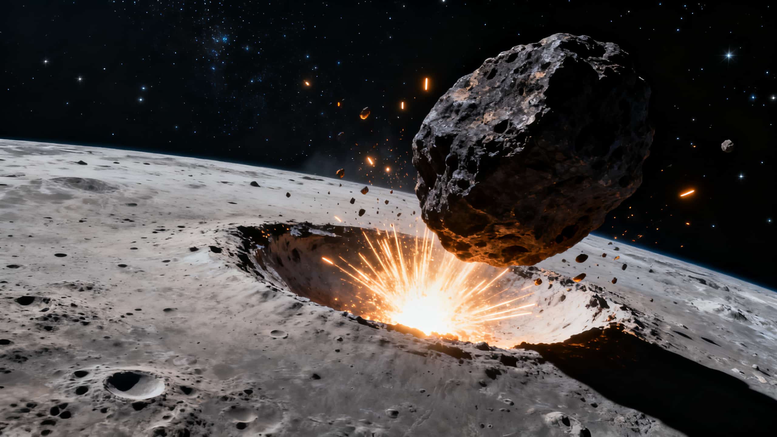 Astéroïde frappant la surface lunaire, explosion visible.