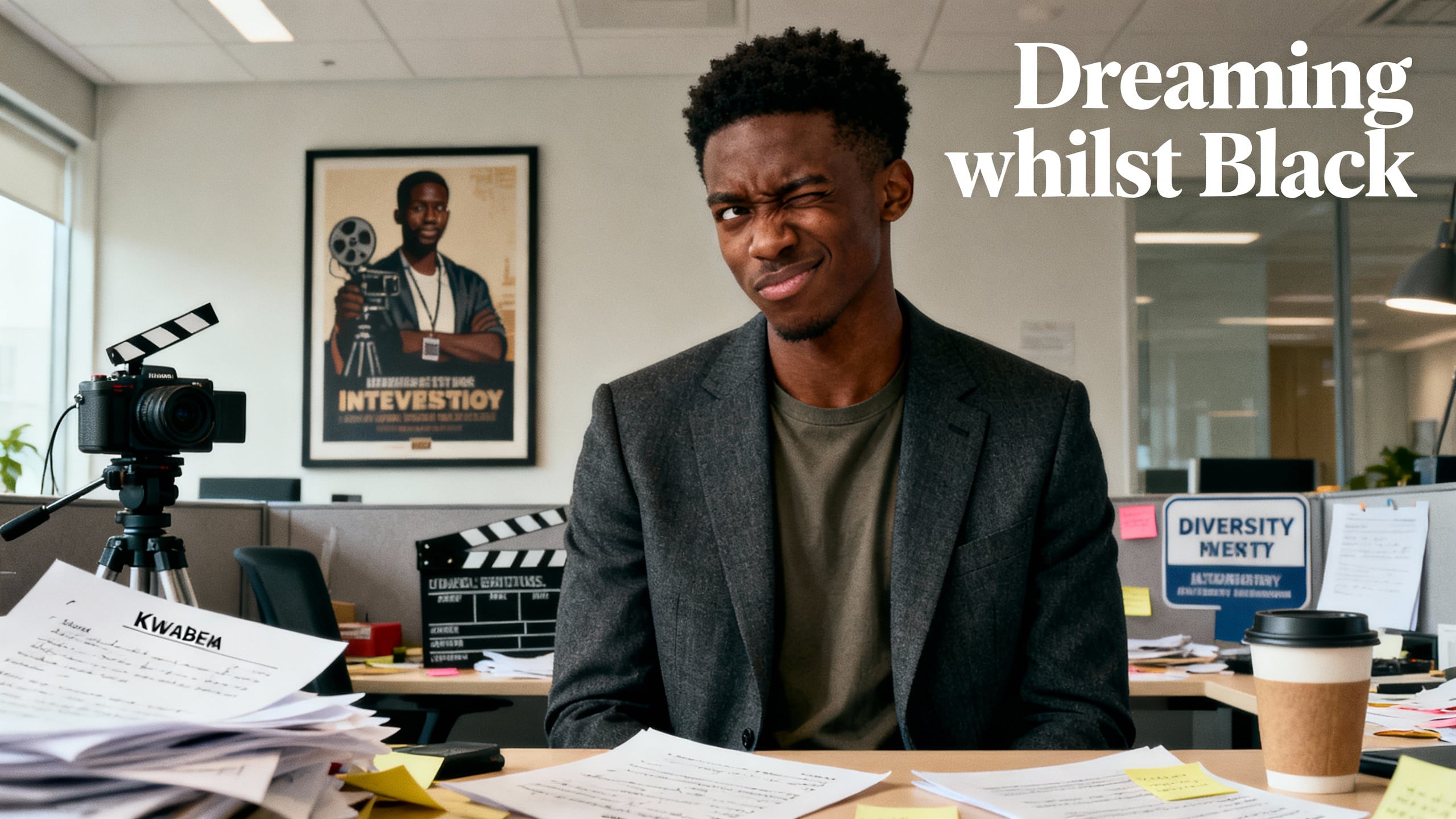 Homme pensif dans un bureau avec caméra.