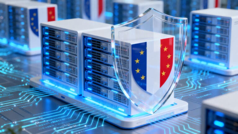 Serveurs avec bouclier de protection et drapeaux.