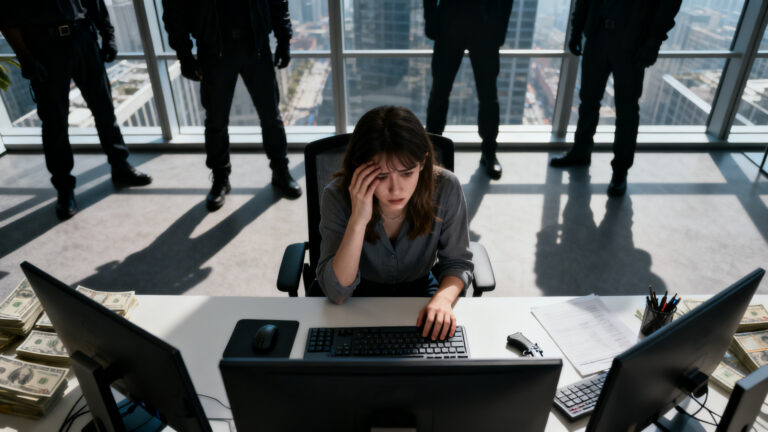 Femme stressée travaillant, hommes debout derrière elle.