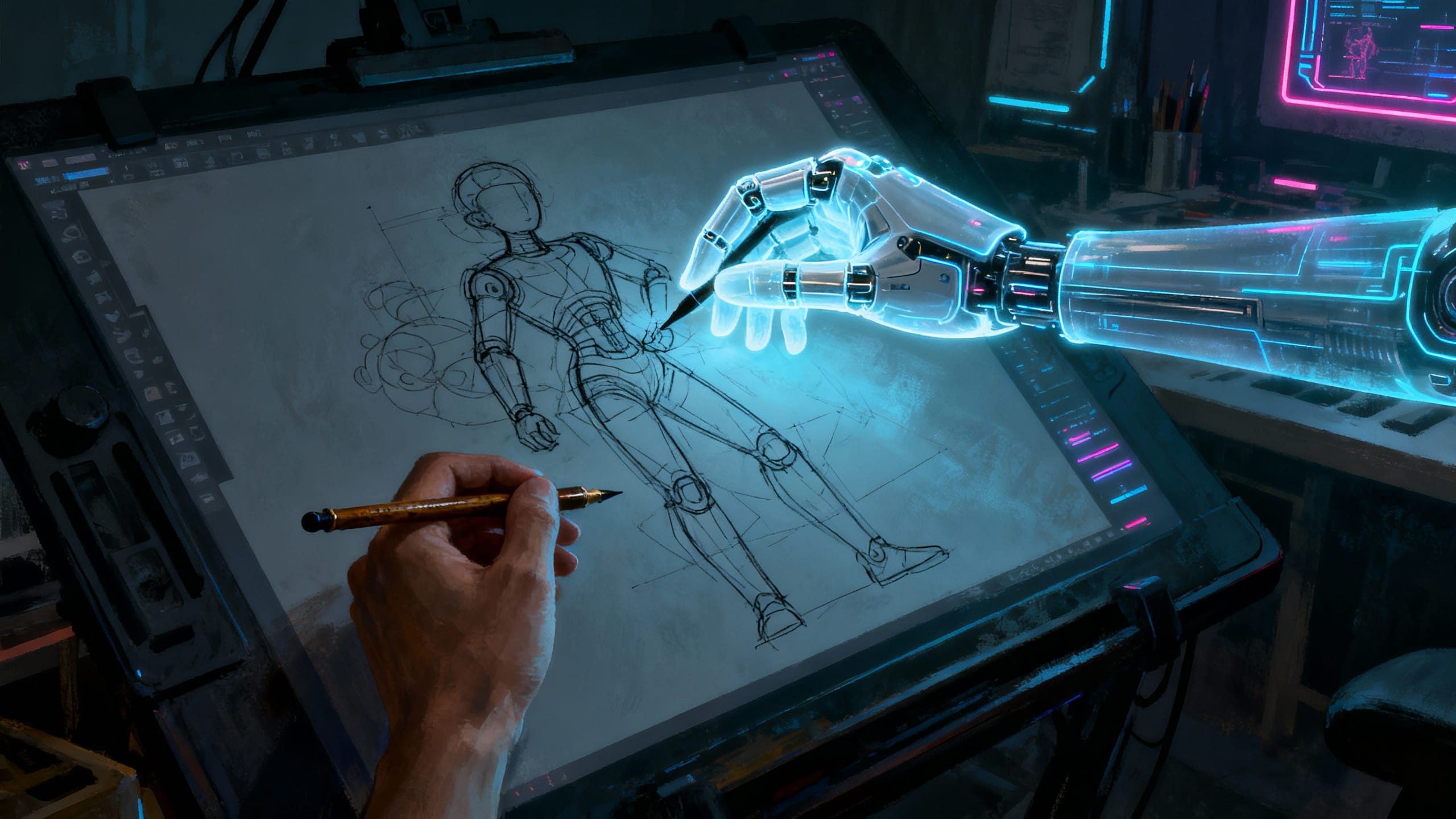 Main humaine et robot dessinent un robot.