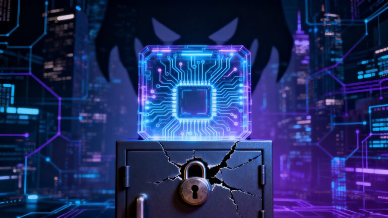 Cyber-sécurité: puce électronique sur coffre-fort fissuré.