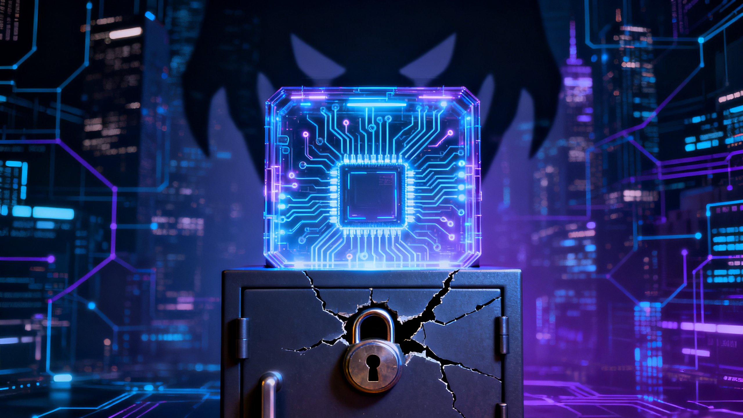 Cyber-sécurité: puce électronique sur coffre-fort fissuré.