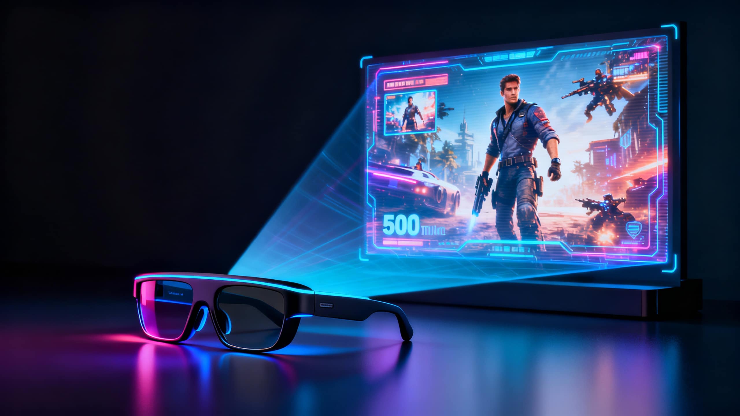 Lunettes virtuelles projetant image de jeu futuriste.