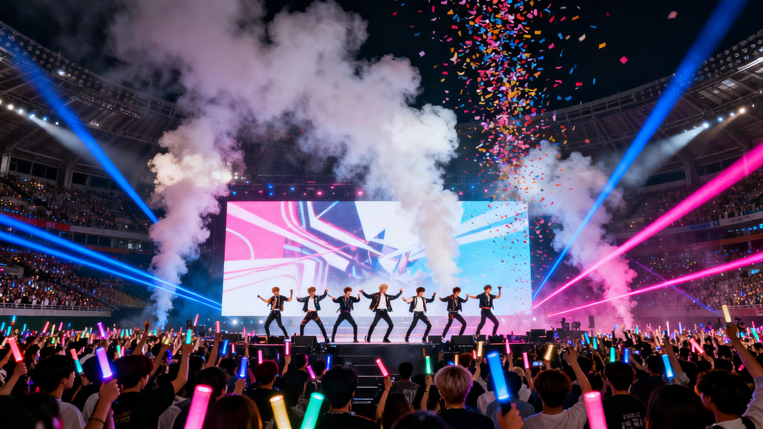 Groupe de danseurs sur scène avec lumières colorées.