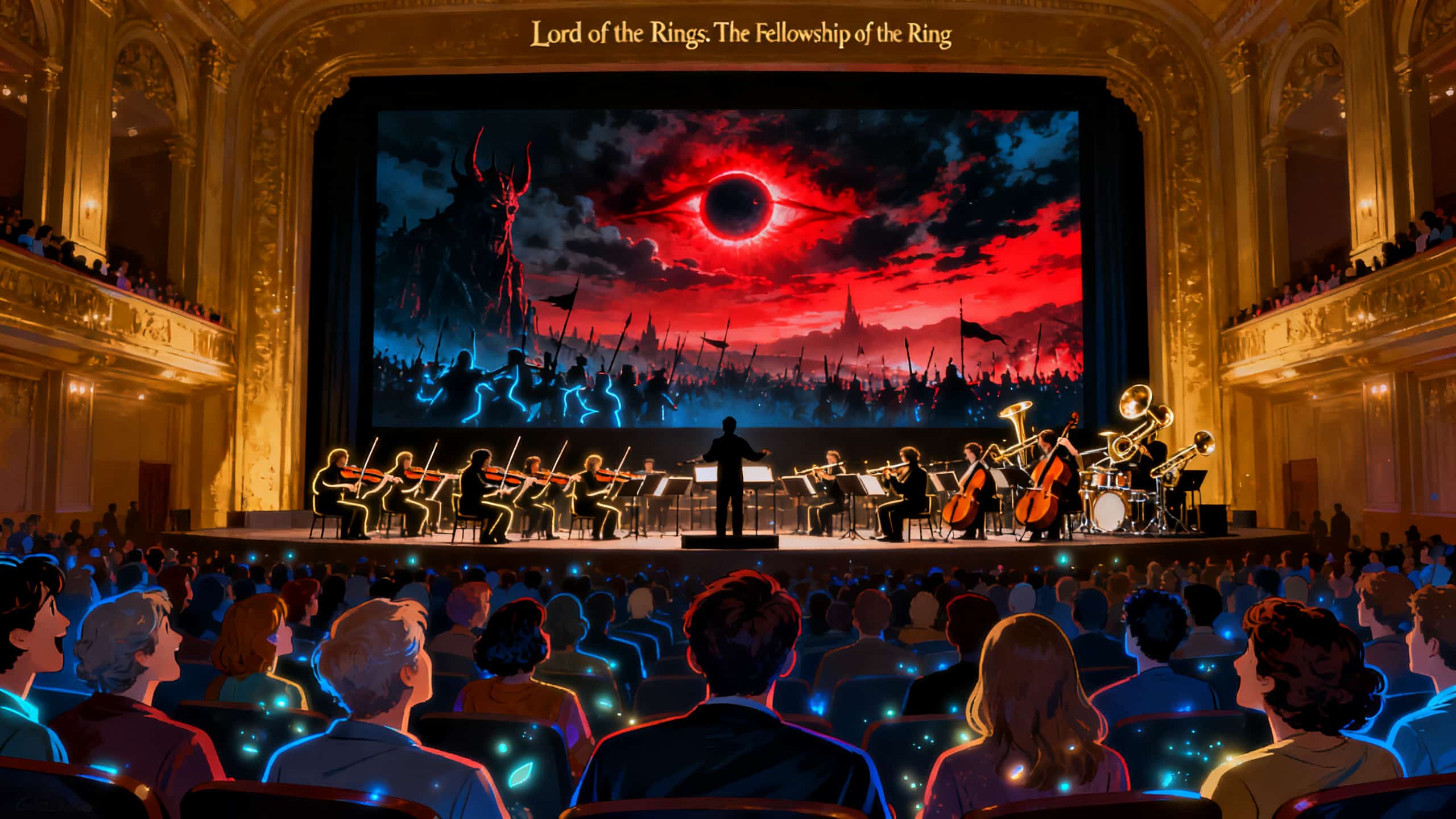 Orchestre jouant devant un grand écran de cinéma.