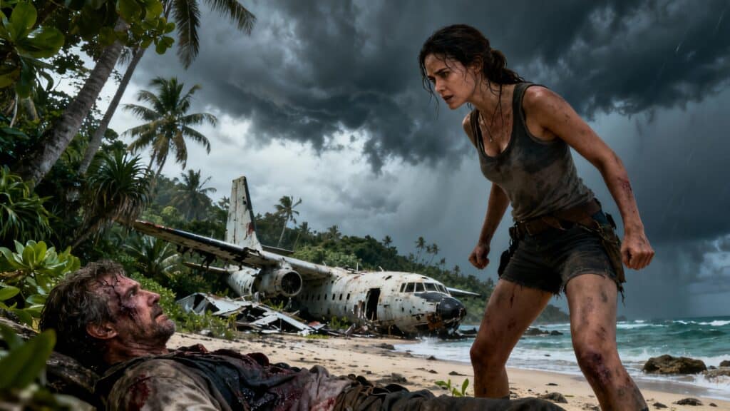 Survivants près d'un avion écrasé sur plage tropicale.