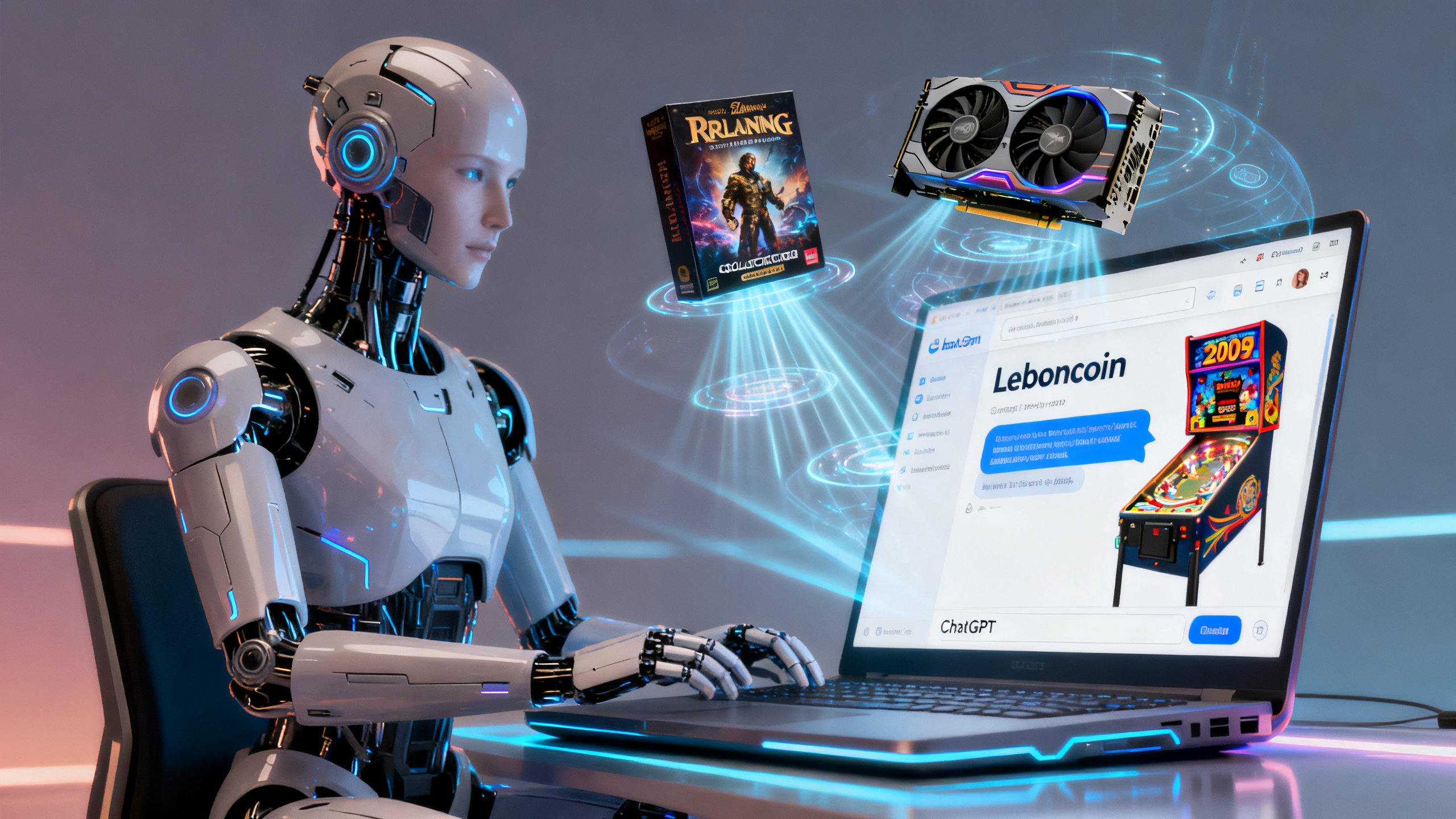 Robot utilisant ordinateur avec produits technologiques.