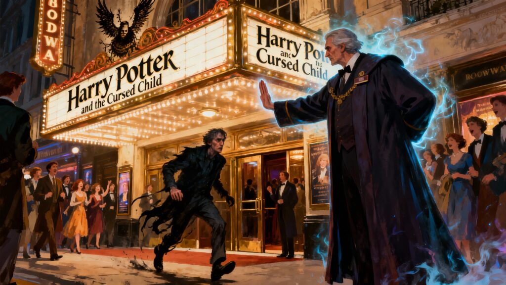 Théâtre illuminé avec affiche Harry Potter.