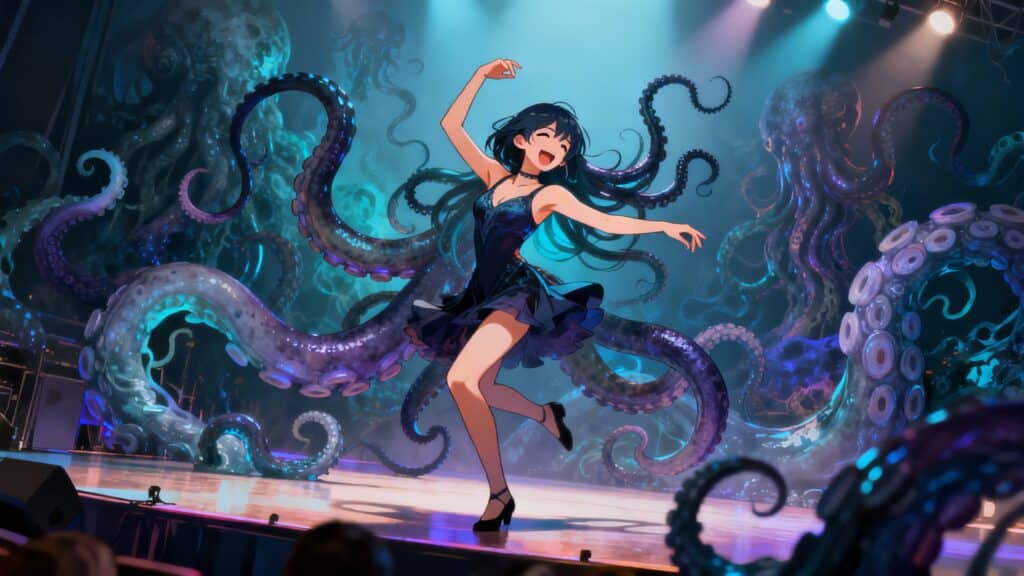 Danseuse souriante sur scène avec tentacules géants.