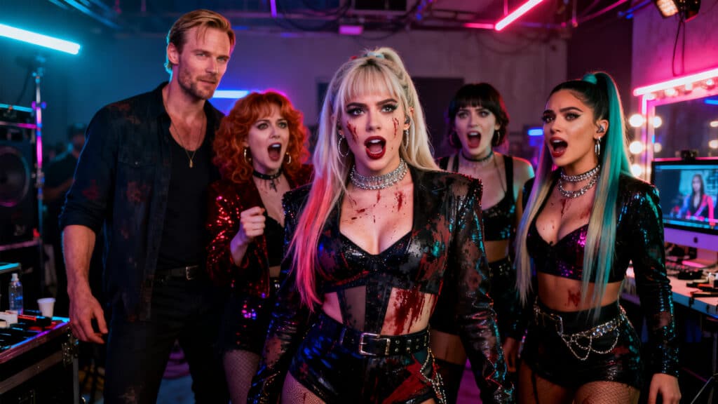 Groupe dansant en tenues brillantes, ambiance lumineuse colorée.