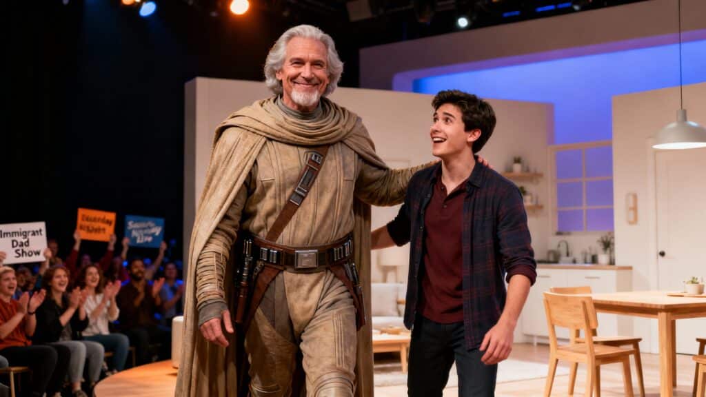 Deux hommes sourient sur scène, foule applaudissant.