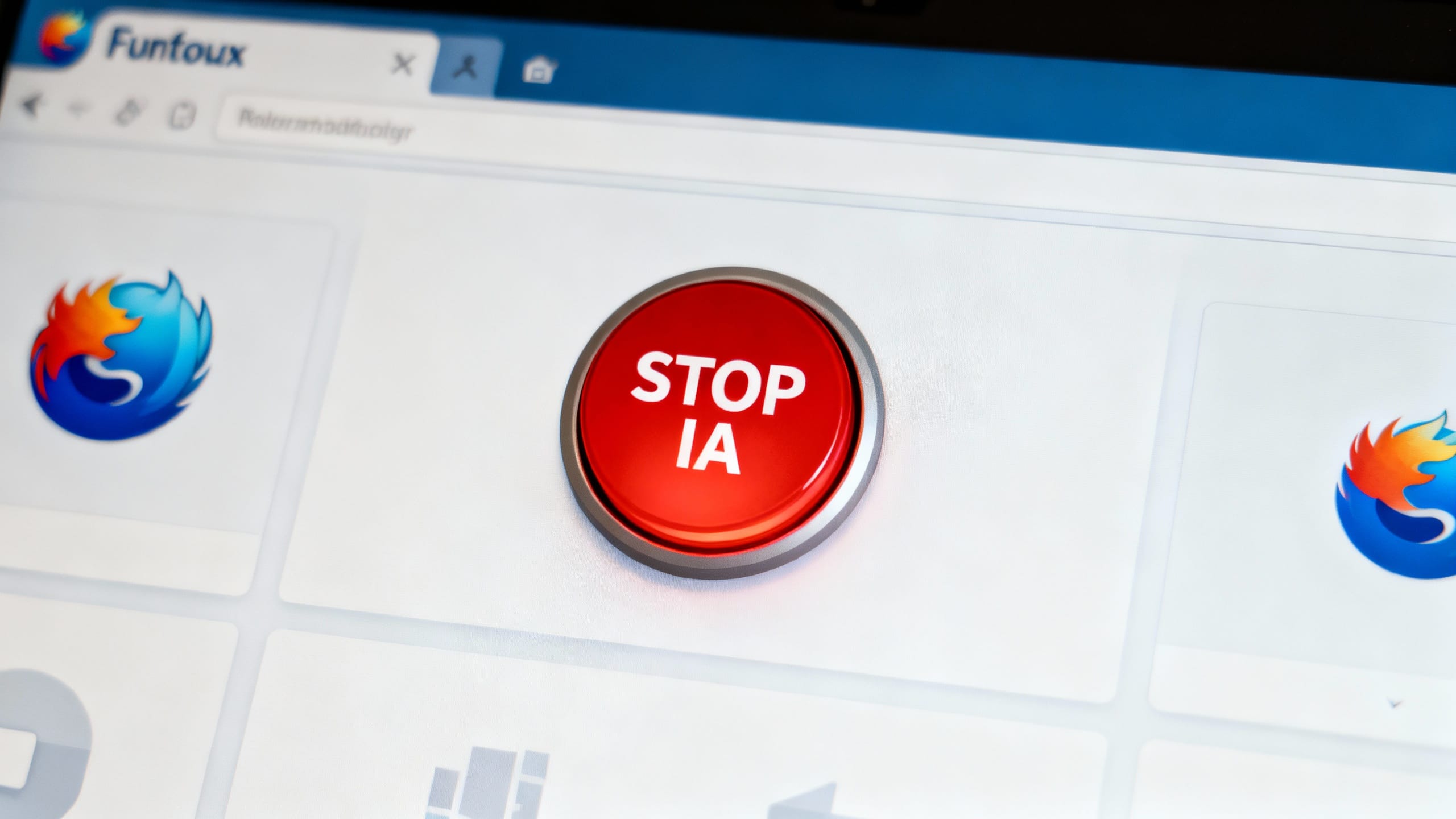 Bouton rouge écrit 'STOP IA' sur écran.