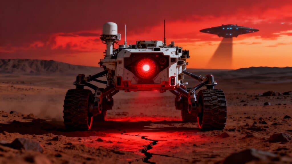 Robot sur Mars avec OVNI en arrière-plan.