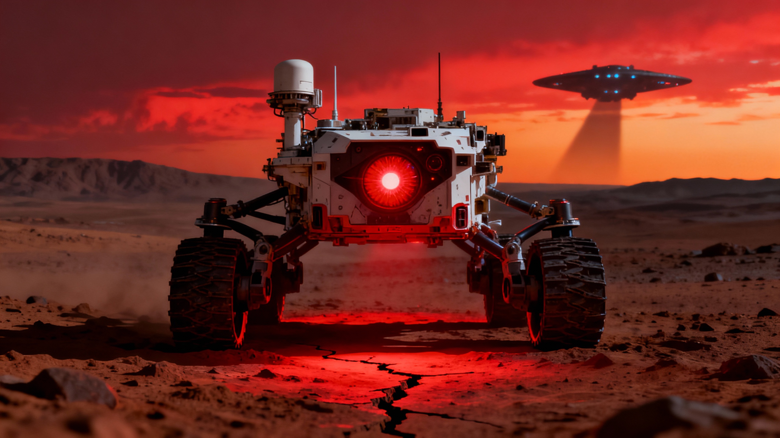 Robot sur Mars avec OVNI en arrière-plan.