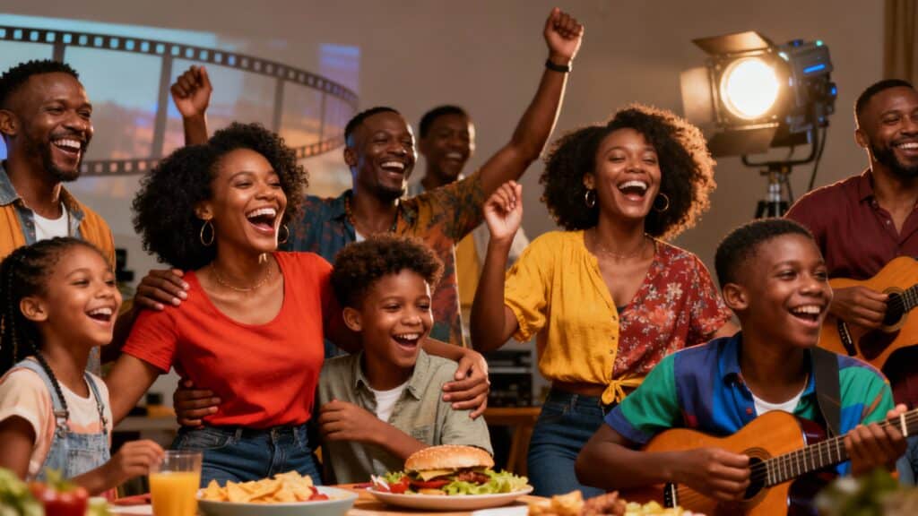 Famille souriante autour d'un repas festif.