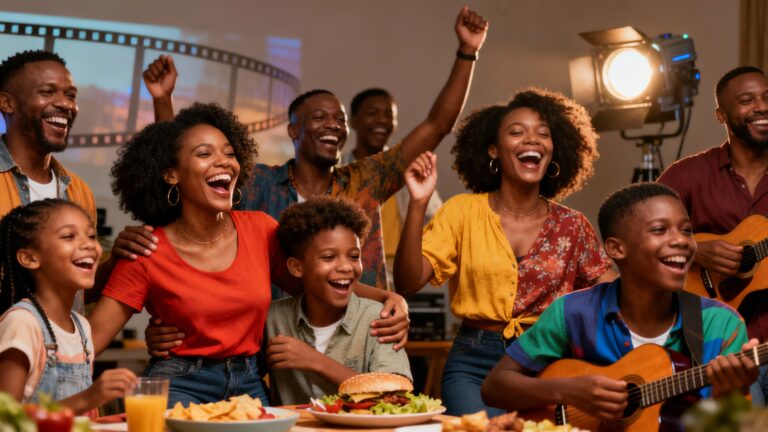 Famille souriante autour d'un repas festif.