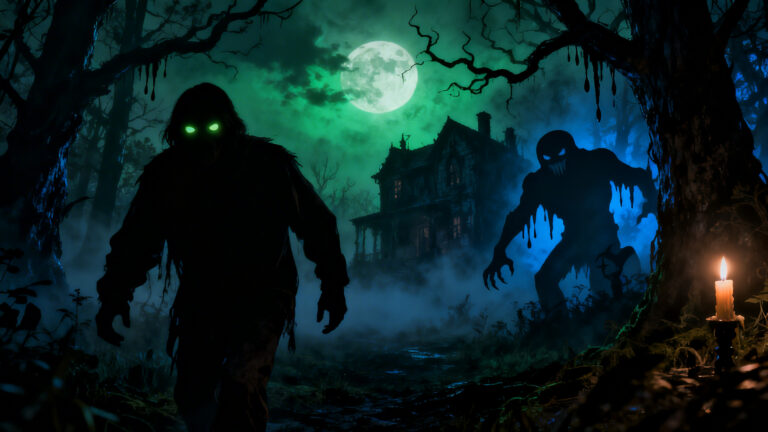 Nuit hantée avec monstres et maison effrayante.