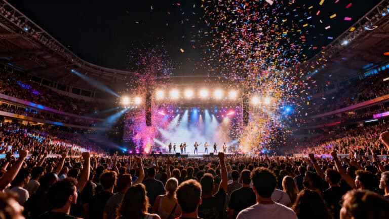 Concert avec foule enthousiaste et confettis colorés.