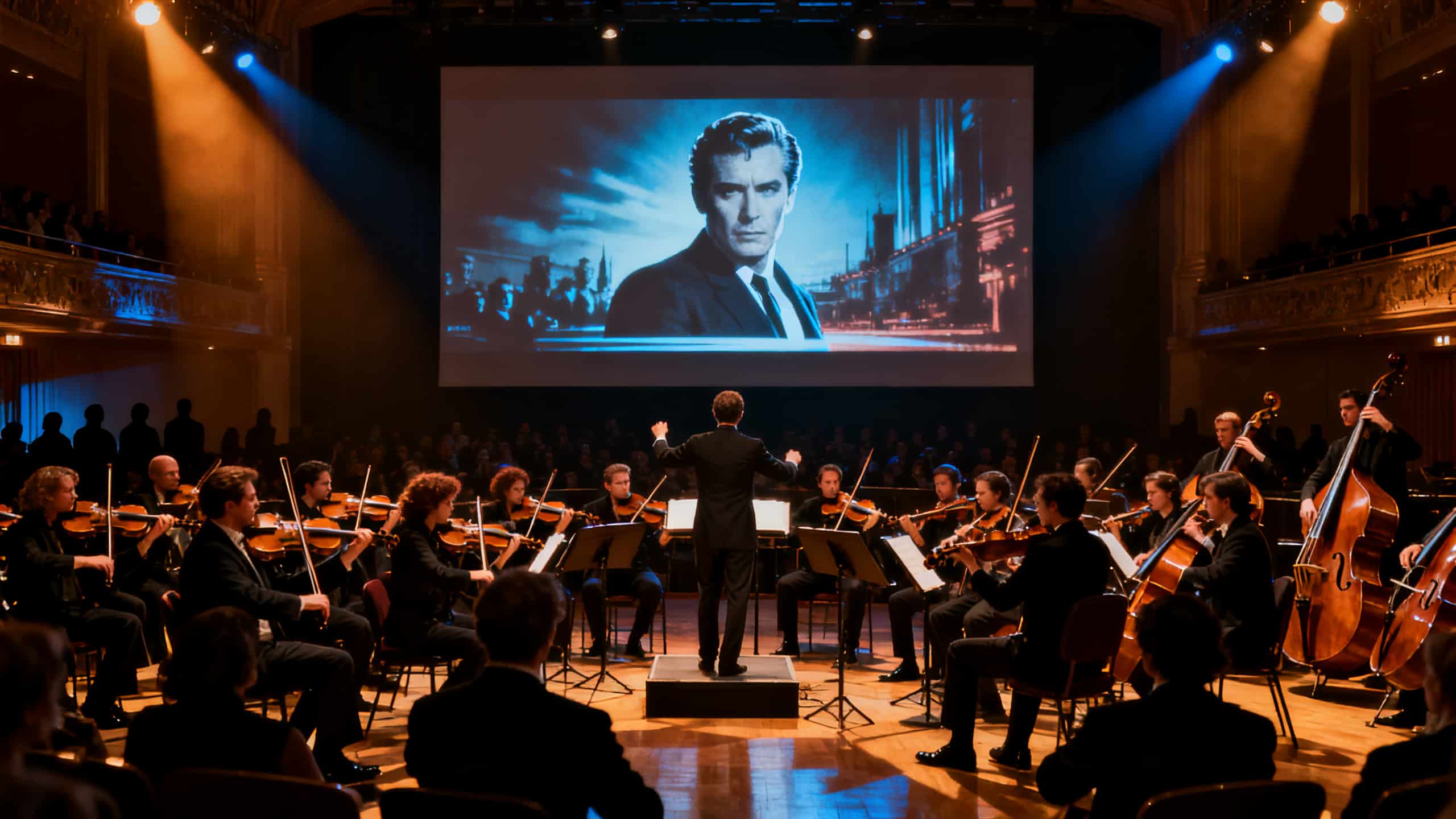 Orchestre jouant devant un grand écran de cinéma.