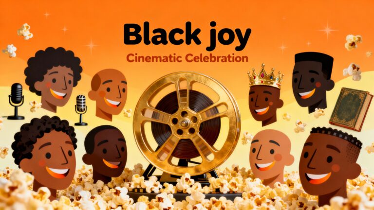 Affiche joyeuse célébration cinéma avec visages souriants