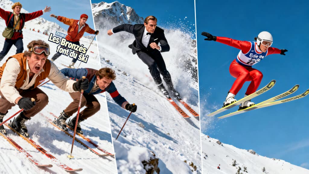 Trois scènes de ski différentes dans la neige.