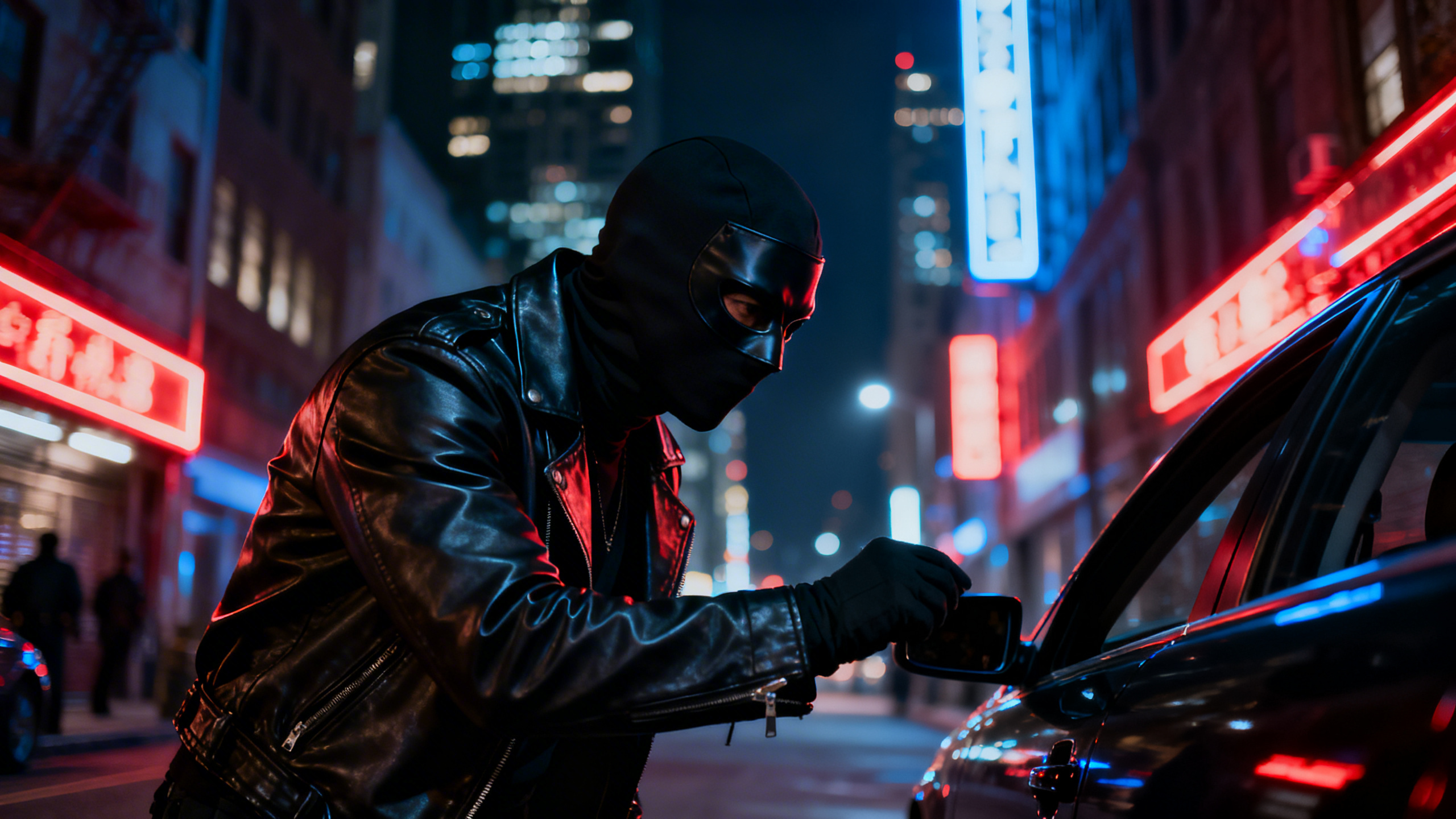 Homme masqué tente d'ouvrir voiture, nuit urbaine.