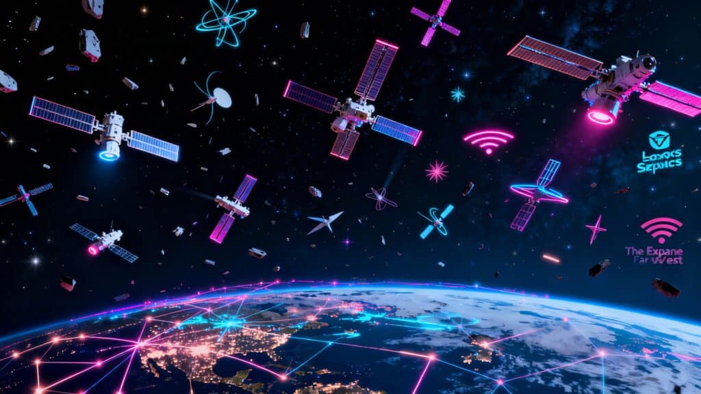 Satellites flottant dans l'espace au-dessus de la Terre.