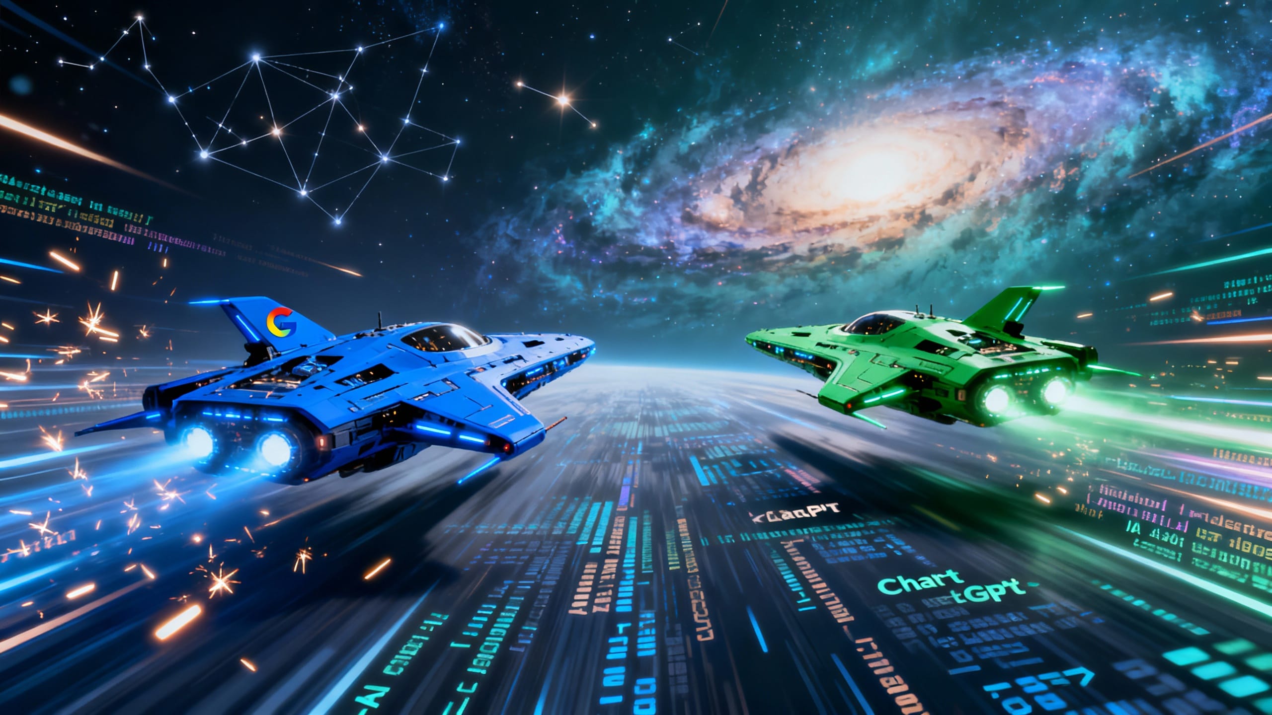 Vaisseaux spatiaux futuristes volant vers la galaxie.