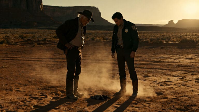 Deux hommes examinant le sol dans le désert.