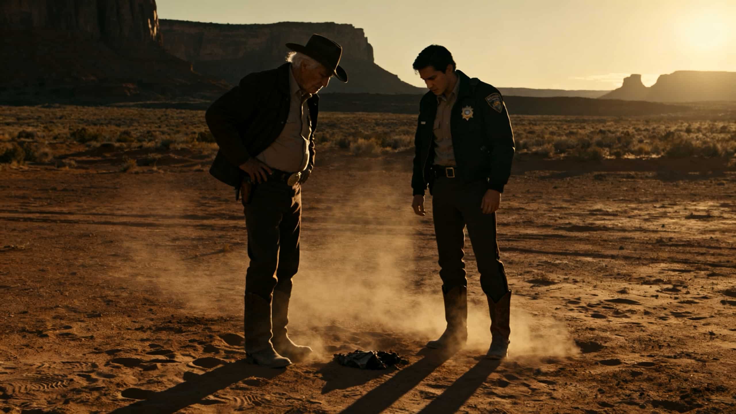 Deux hommes examinant le sol dans le désert.
