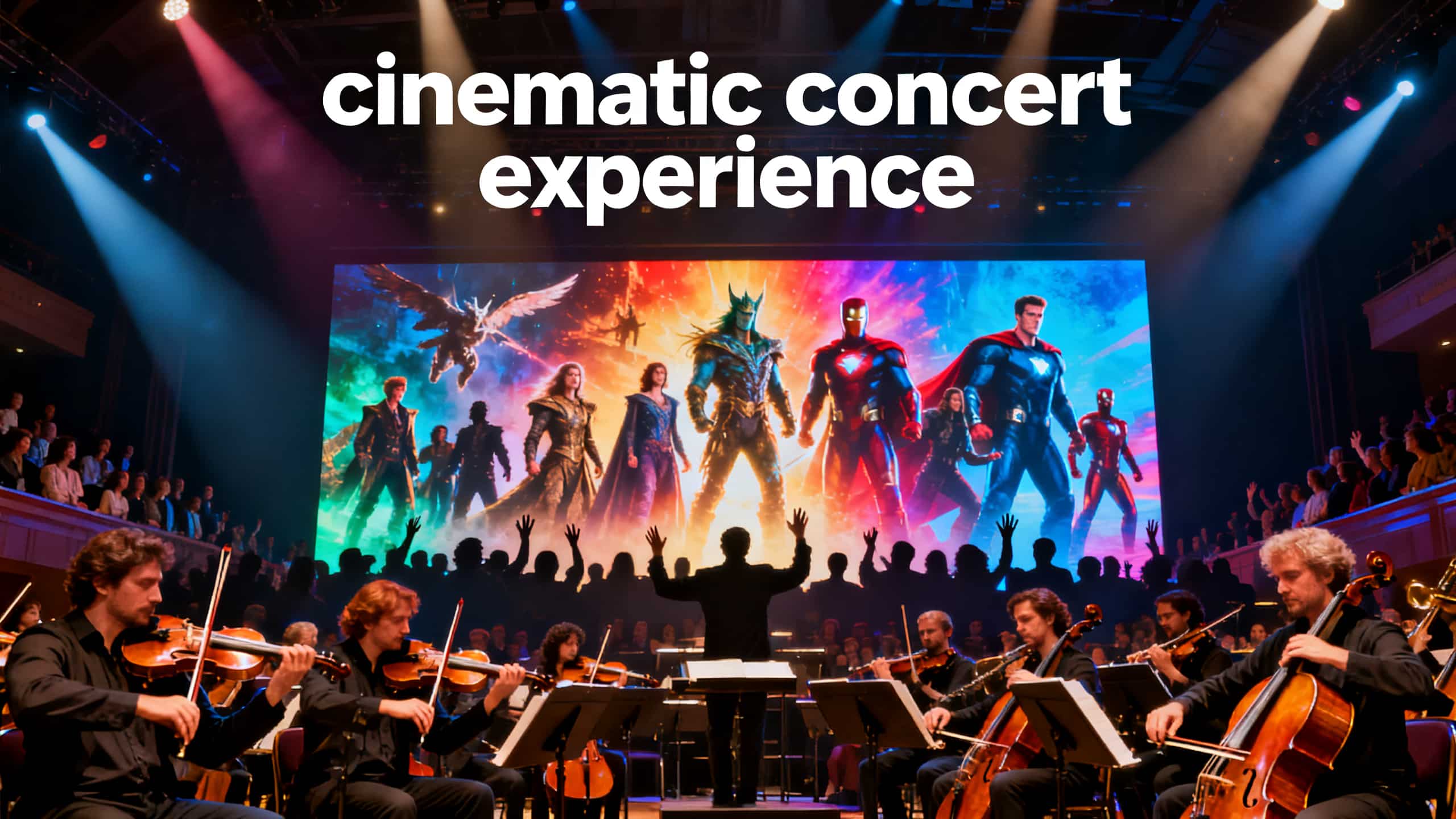 Concert symphonique devant écran cinéma coloré.