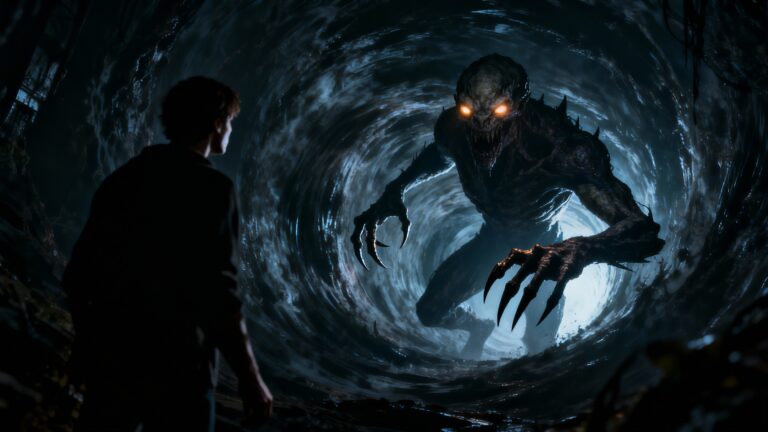 Personne face à un monstre menaçant dans un tunnel.
