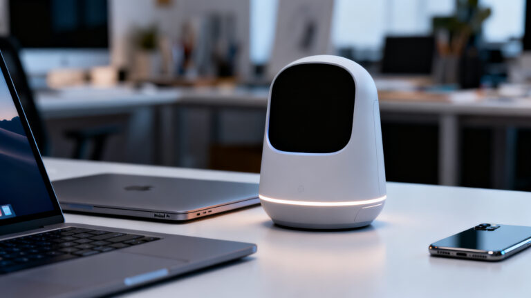 Assistant vocal blanc sur bureau avec ordinateurs