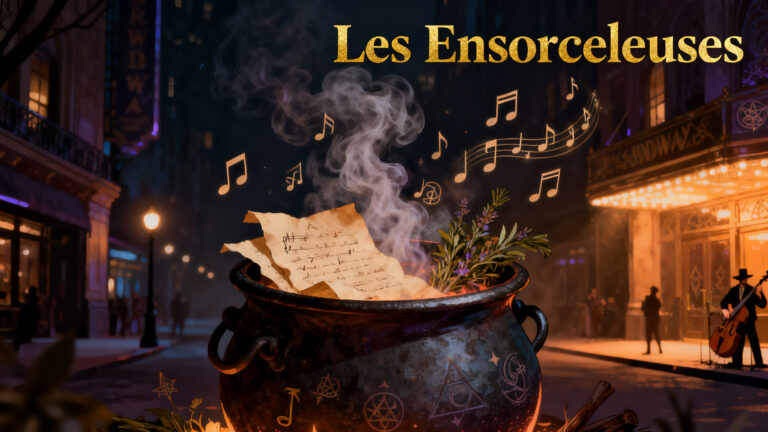 Chaudron magique avec notes de musique enchantées.