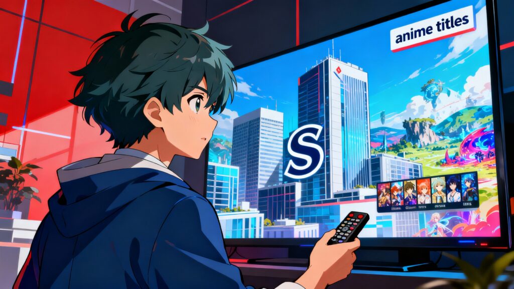 Personne regardant anime sur écran avec télécommande.