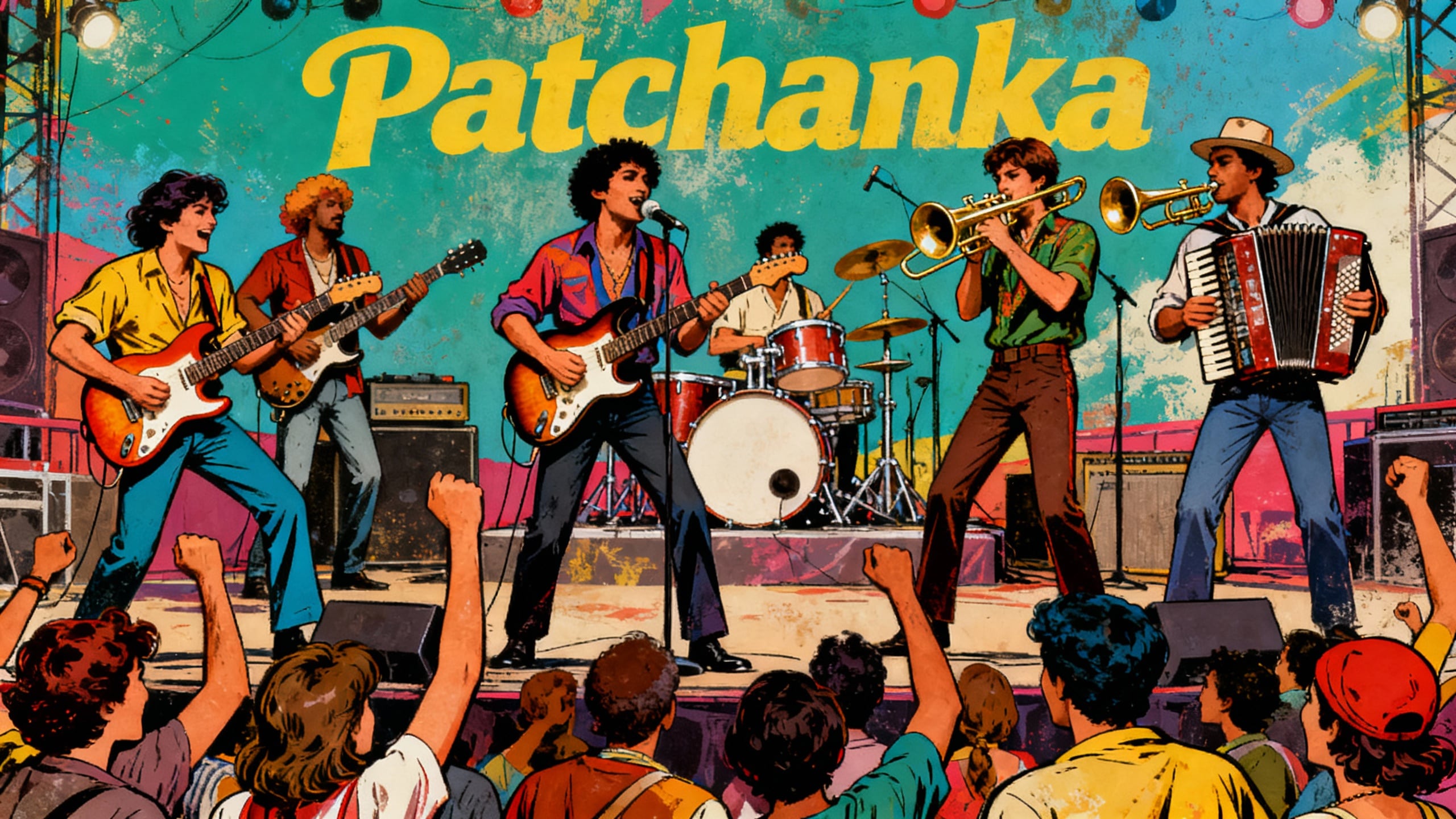 Groupe sur scène avec public enthousiaste.