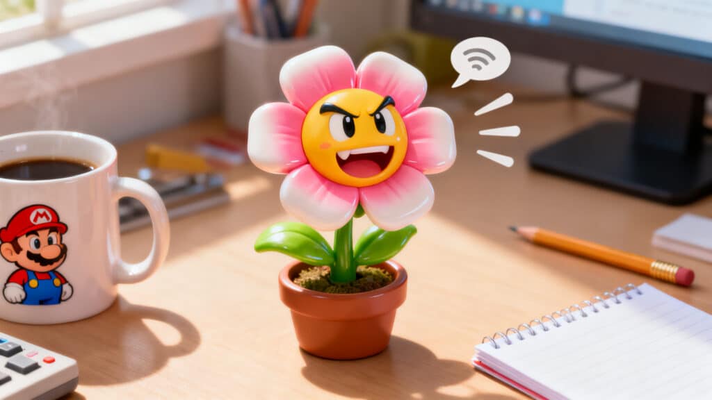 Jouet fleur colorée sur un bureau avec café.
