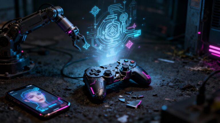 Manette cassée avec écran holographique et smartphone.