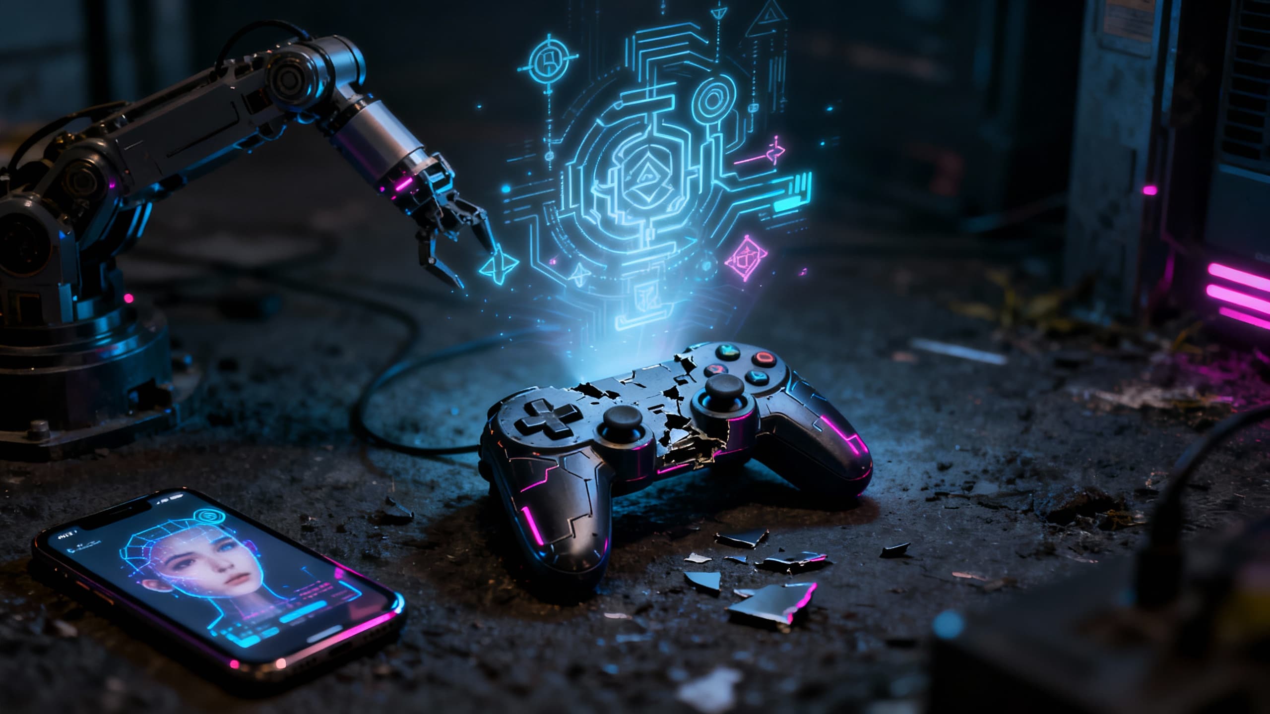 Manette cassée avec écran holographique et smartphone.